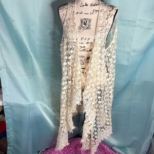 Vintage Cato Long Bohemian Cream Lace Vest Drape